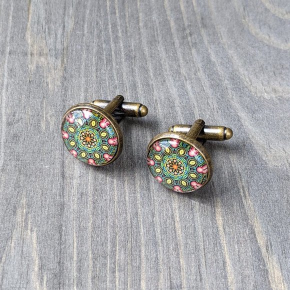 Glass Dome Cuff Links with Green Kaleidoscope Pattern, Antiqued-Bronze Plated - Picture 9 of 16